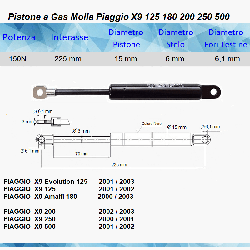 PISTONE A GAS MOLLA PER SELLA PIAGGIO X9 125 180 200 250 500 - Mille Molle a Gas