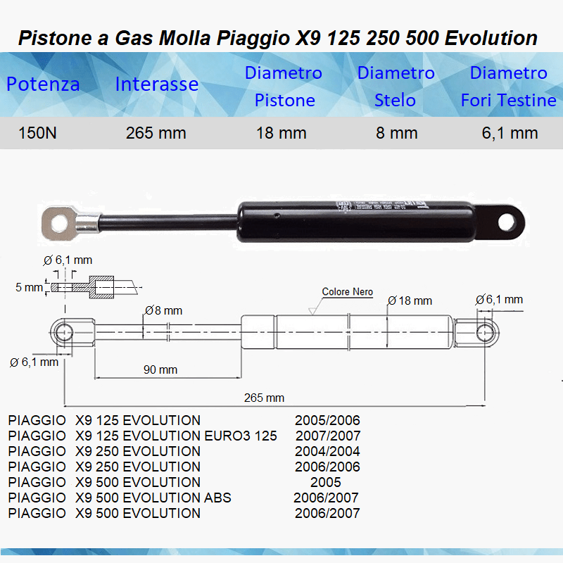 PISTONE A GAS MOLLA PER SELLA PIAGGIO X9 125 180 200 250 500 - Mille Molle a Gas