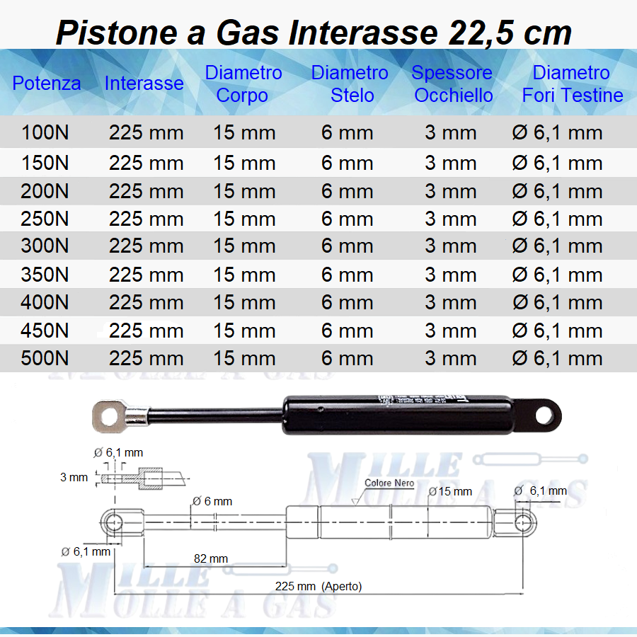 Pistone Molla a Gas Interasse 225 mm, Foro Ø 6,1 mm - RICAMBIO PER MOBILI, CUCINA - Mille Molle a Gas