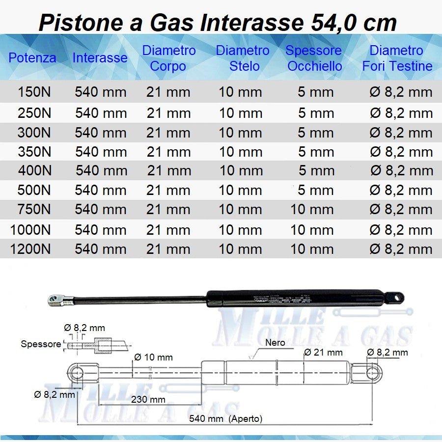 Pistone Molla a Gas Interasse 540 mm, Foro Ø 8,2 mm - Ricambio - Mille Molle a Gas