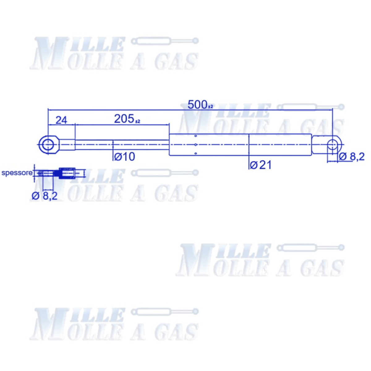 Pistone Molla a Gas Interasse 500 mm Foro Ø 8,2 mm - Ricambio - Mille Molle a Gas
