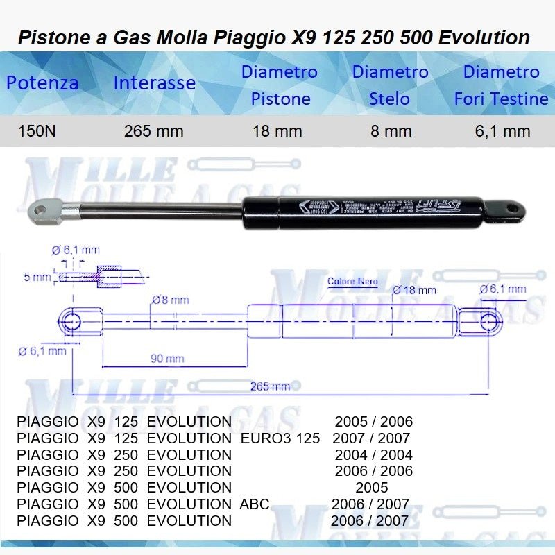PISTONE A GAS MOLLA PER SELLA PIAGGIO X9 125 180 200 250 500