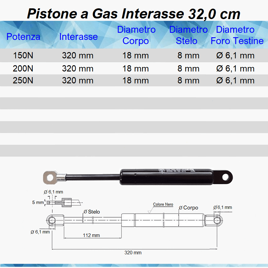 Pistone Molla a Gas Interasse 320 mm, Foro Ø 6,1 mm - Ricambio - Mille Molle a Gas