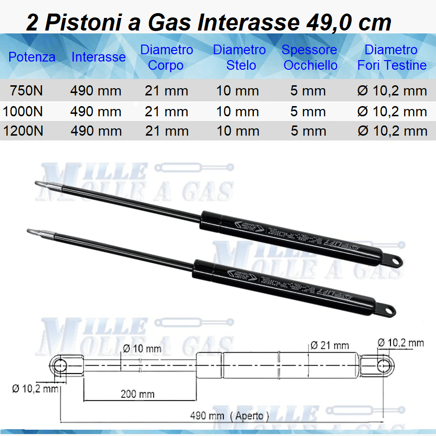 2 Pistoni Molle a Gas Interasse 490 mm Foro 10,2 mm - Ricambio