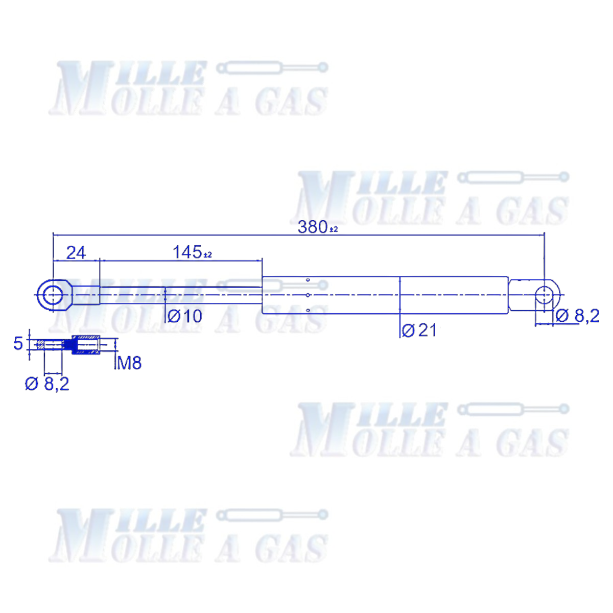 Coppia Pistone Molla a gas 380 mm occhiello foro 8,2 mm 350N - Mille Molle a Gas