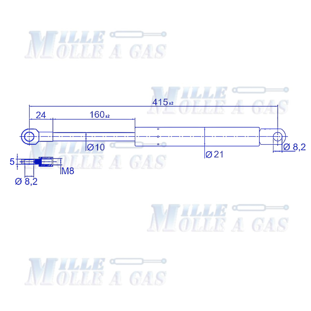 Coppia Pistone Molla a gas 415 mm occhiello foro 8,2 mm 150N - Mille Molle a Gas