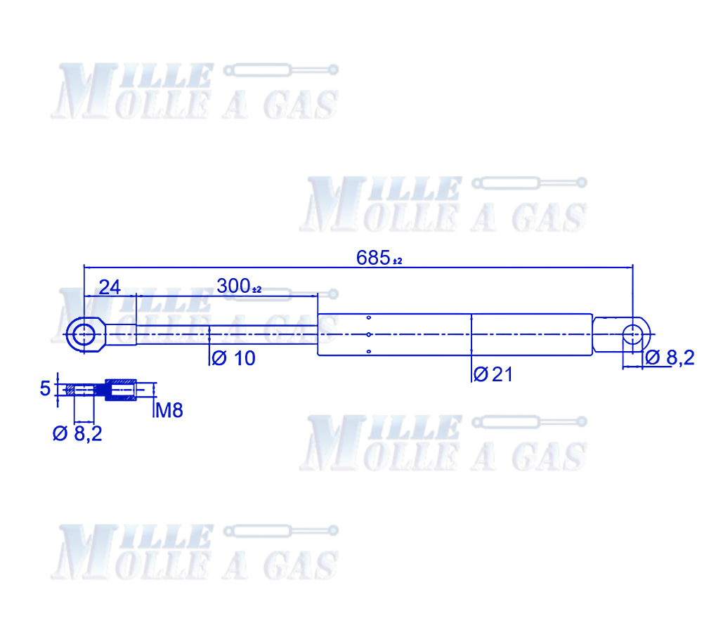Coppia Pistone Molla a gas 685 mm occhiello foro 8,2 mm 500N - Mille Molle a Gas