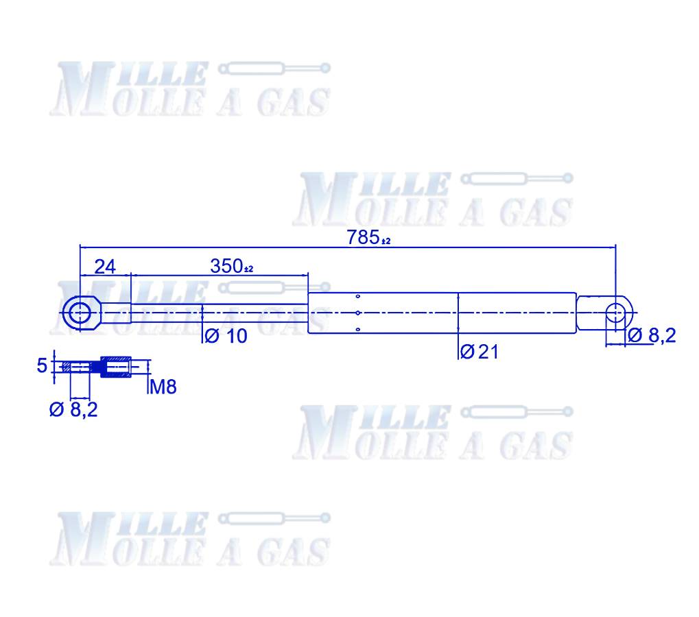 Coppia Pistone Molla a gas 785 mm occhiello foro 8,2 mm 500N - Mille Molle a Gas