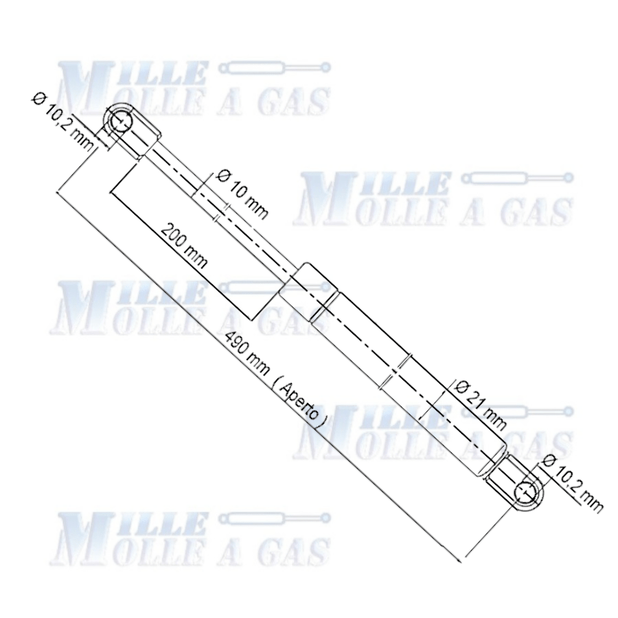 2 Pistoni Molle a Gas Interasse 490 mm Foro 10,2 mm - Ricambio