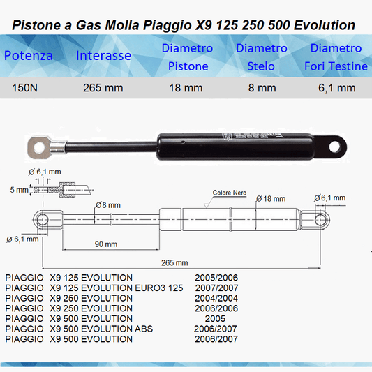 PISTONE A GAS MOLLA PER SELLA PIAGGIO X9 125 180 200 250 500 - Mille Molle a Gas