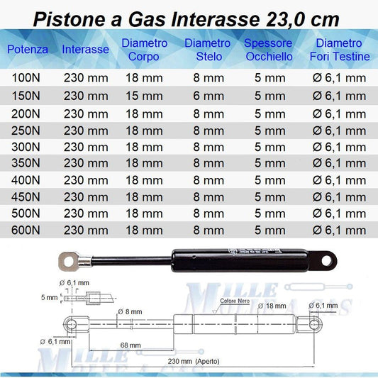 Pistone Molla a Gas Interasse 230 mm Foro Ø 6,1 mm