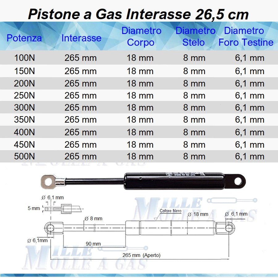 Pistone Molla a Gas Interasse 265 mm, Foro Ø 6,1 mm - Ricambio