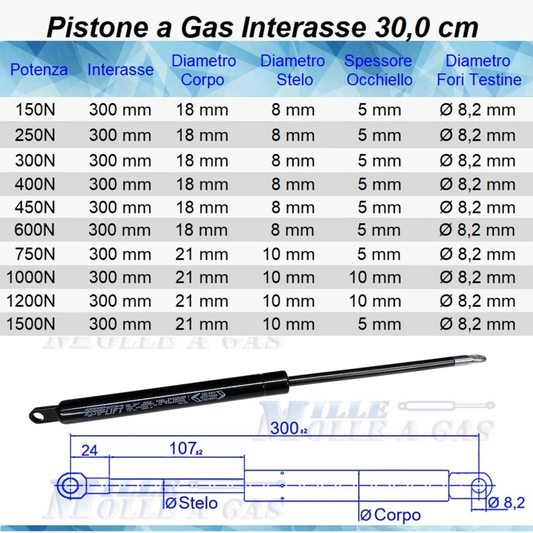 Pistone Molla a Gas Interasse 300 mm, Foro Ø 8,2 mm -Ricambio