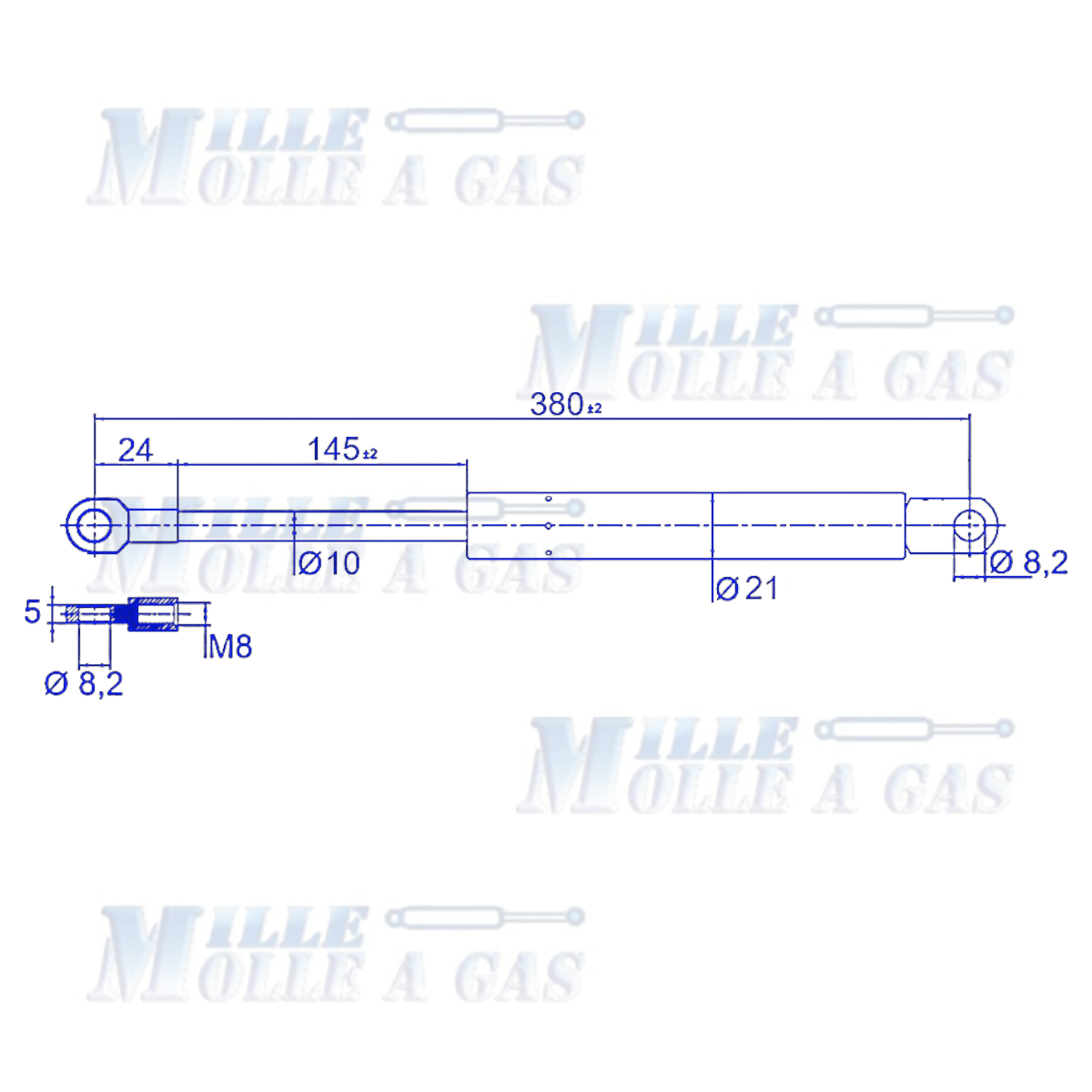 Coppia molle a gas pistoni 380 mm attacco foro 8,2 mm 1500N - Mille Molle a Gas
