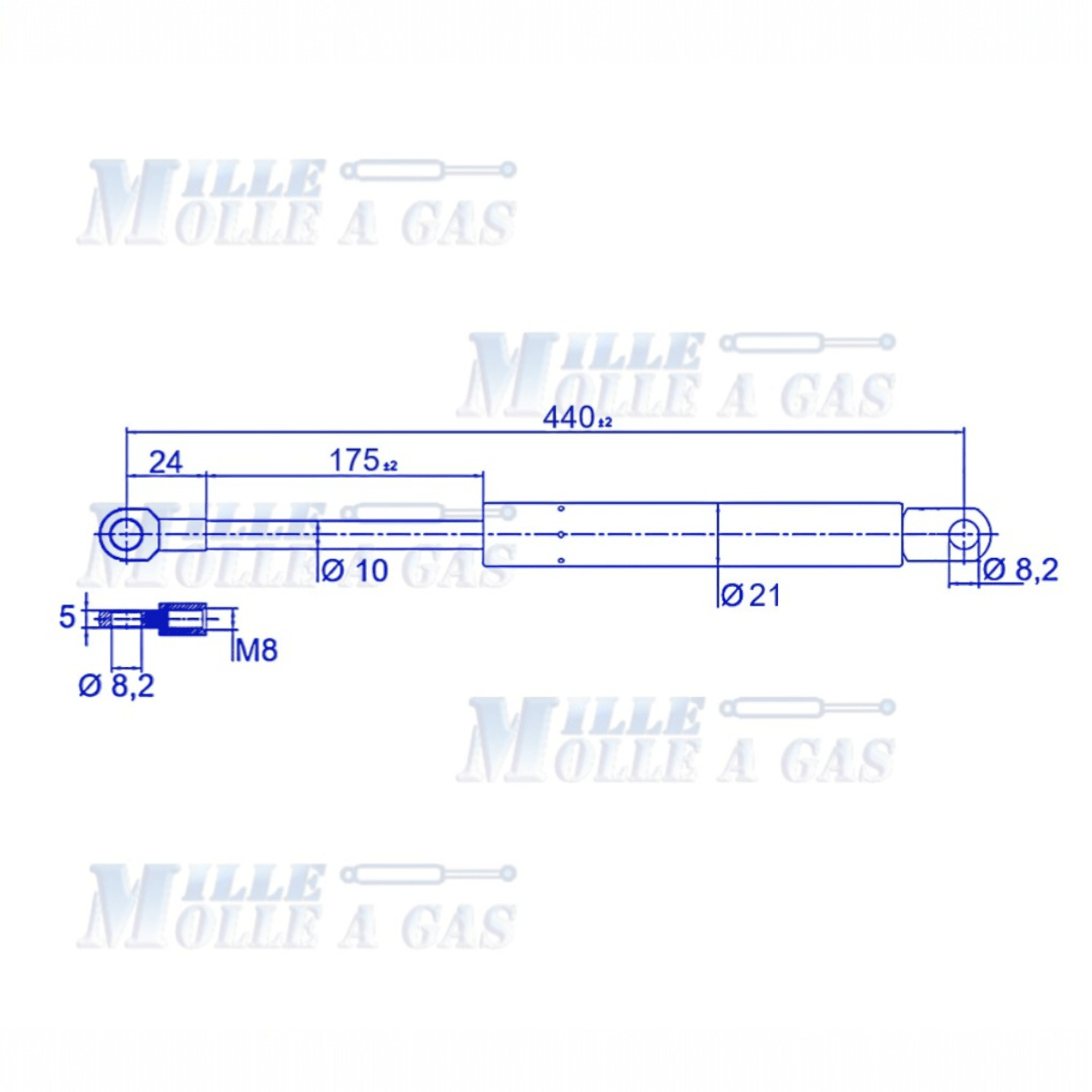 Coppia Pistone Molla a gas 440 mm attacco foro 8,2 mm 250N - Mille Molle a Gas