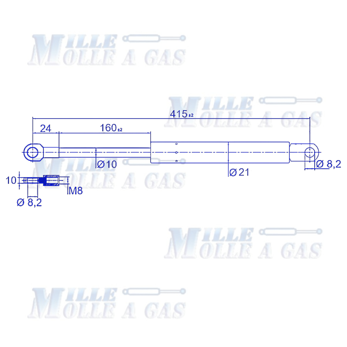 Coppia pistone molla a gas 415 mm attacco foro 8,2 mm 1000N - Mille Molle a Gas