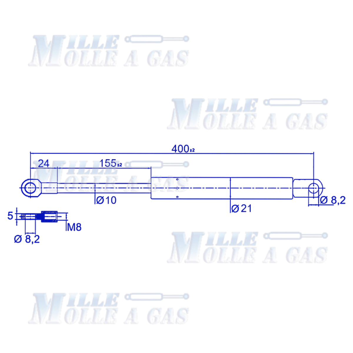 Coppia Pistone Molla a gas 400 mm attacco foro 8,2 mm 1000N - Mille Molle a Gas