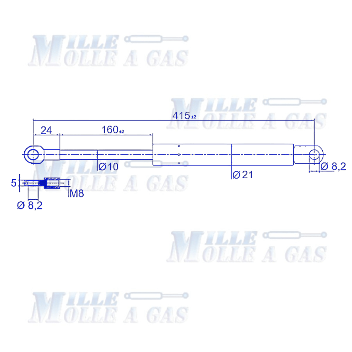 Coppia Pistone Molla a gas 415 mm occhiello foro 8,2 mm 250N - Mille Molle a Gas