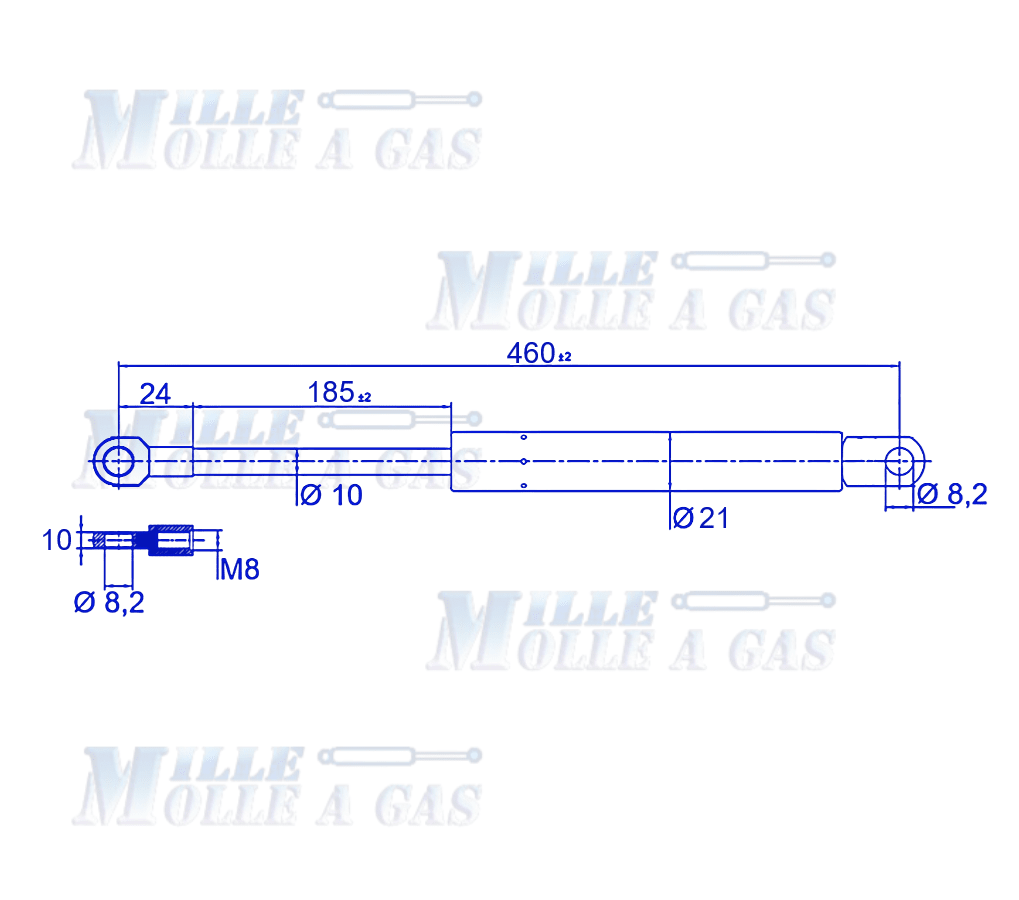 Coppia Pistone Molla a gas 460 mm occhiello foro 8,2 mm 1200N - Mille Molle a Gas