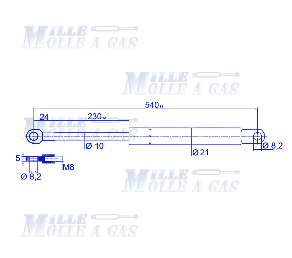 Coppia Pistone Molla a gas 540 mm occhiello foro 8,2 mm 250N - Mille Molle a Gas