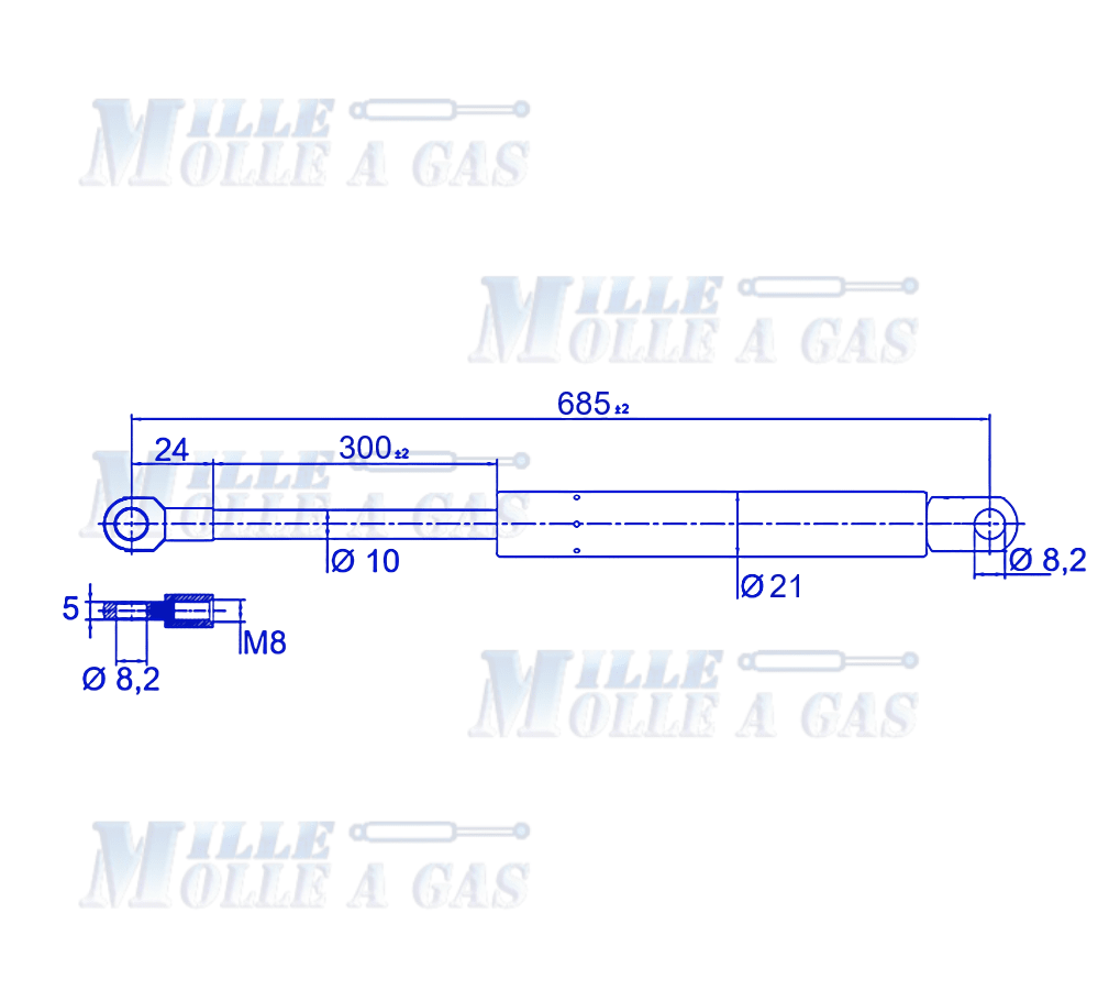 Coppia Pistone Molla a gas 685 mm occhiello foro 8,2 mm 200N - Mille Molle a Gas