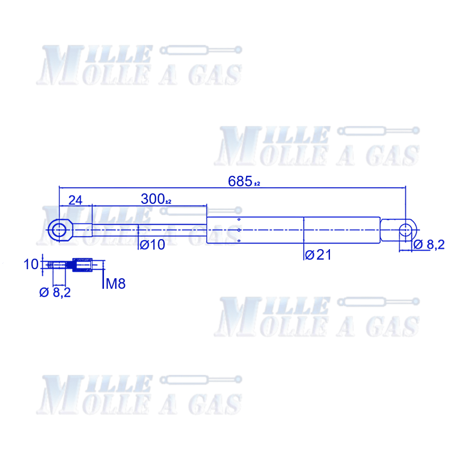 Coppia Pistone Molla a gas 685 mm occhiello foro 8,2 mm 650N - Mille Molle a Gas