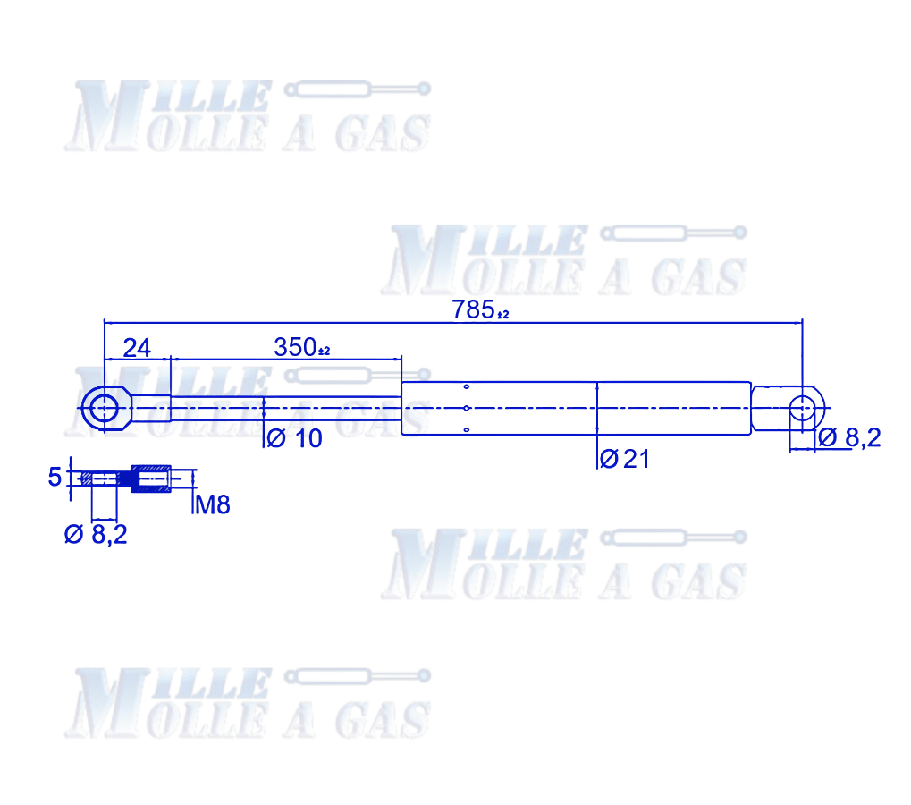 Coppia Pistone Molla a gas 785 mm occhiello foro 8,2 mm 200N - Mille Molle a Gas