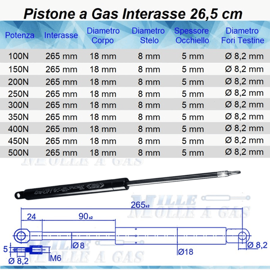 Pistone Molla a Gas Interasse 265 mm, Foro Ø 8,2 mm - Ricambio