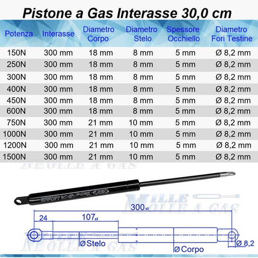 Pistone Molla a Gas Interasse 300 mm, Foro Ø 8,2 mm -Ricambio