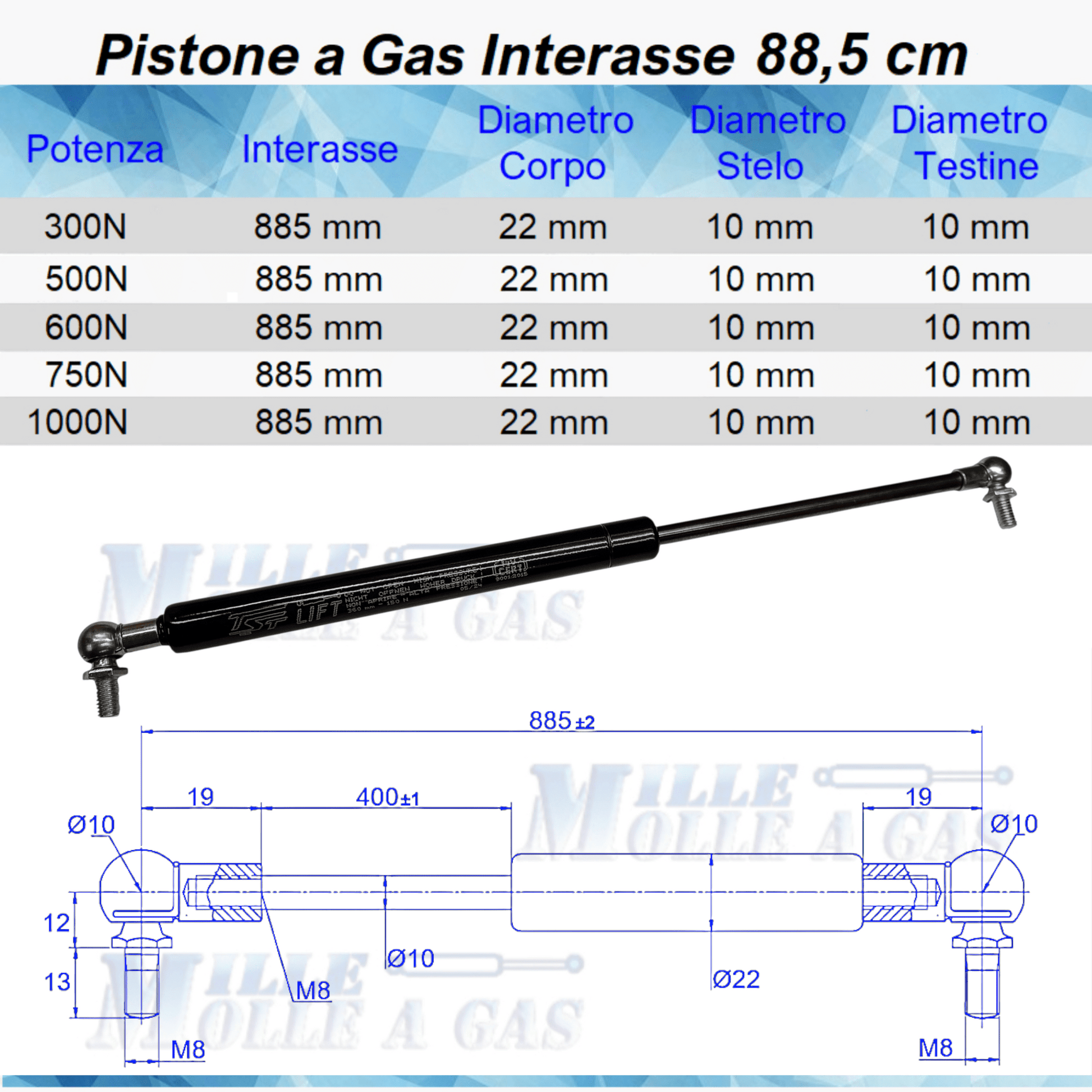 Pistone Molla a Gas Interasse 885 mm a Snodo con perno M8 - Mille Molle a Gas