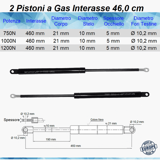 2 Pistoni Molle a Gas Interasse 460 mm Foro 10,2 mm - Ricambio - Mille Molle a Gas
