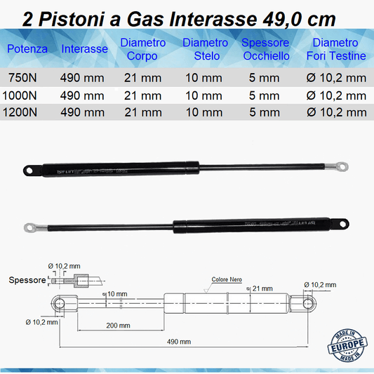 2 Pistoni Molle a Gas Interasse 490 mm Foro 10,2 mm - Ricambio - Mille Molle a Gas